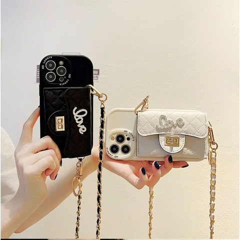 Funda De Teléfono Cruzada Cartera Cuero Acolchado Con Cadena Love Diseño De Diamantes De Imitación Carcasa Protectora Para Mujer