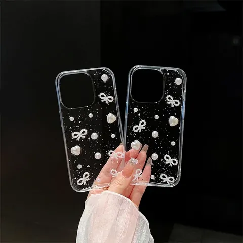 Funda Elegante Transparente Para Teléfono Con Papel De Plata Perla Artificial Lazo De Resina Corazón Purpurina Estilo Dulce Para Mujeres