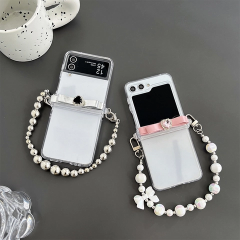 Transparente Klapphülle Mit Strass Herz Schleife Und Perlenkette Für Faltbare Smartphones Luxus Stil