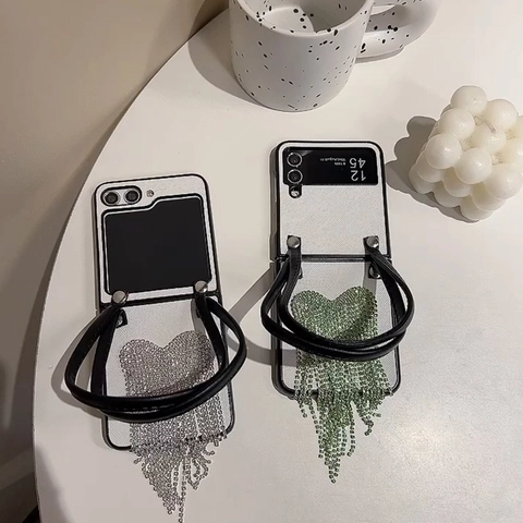 Rhinestone Heart Tassel Foldable Phone Case PU Leather Hand Strap Cross Grain Luxury Elegant Mobile Cover Women