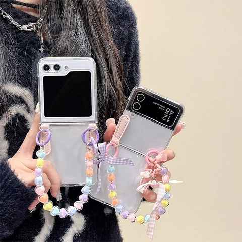 Foldable Phone Case Clear Hard Shell Colorful Heart Beaded Chain Plaid Bow Star Pendant Cute Style Protective Accessories
