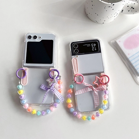 Foldable Phone Case Clear Hard Shell Colorful Heart Beaded Chain Plaid Bow Star Pendant Cute Style Protective Accessories