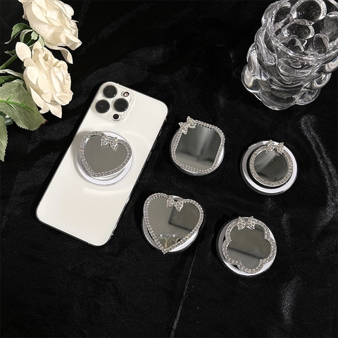 Support De Téléphone Magnétique Miroir Strass Grip Tok Coeur Fleur Noeud Design Support Airbag Pliable Base Magnétique Élégant