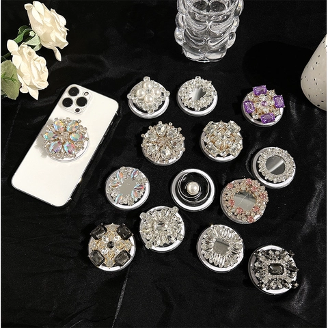 Magnetischer Handy Griptok Ständer Luxus Strass Künstliche Perle Künstlicher Kristall Ausziehbar Universeller Magnet Spiegel Halter