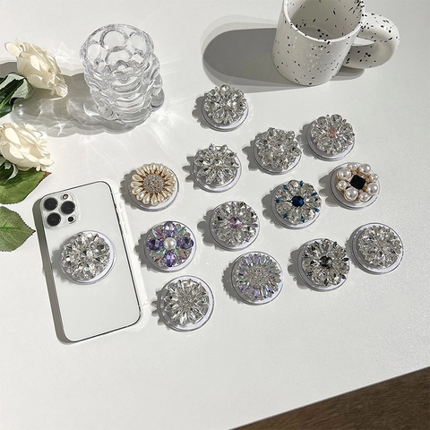 Supporto Magnetico Per Telefono Airbag Impugnatura Strass Perla Artificial Specchio Forma Di Fiore Lusso Supporto Retrattile