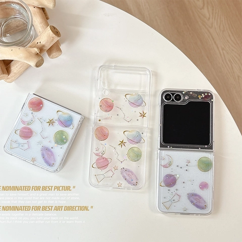 Funda Plegable Para Samsung Galaxy Z Flip Serie Airbag Anticaída Cielo Estrellado Purpurina Planeta Sueño Carcasa Rígida PC