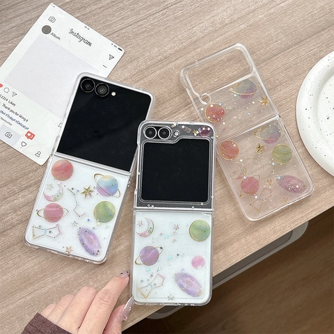 Funda Plegable Para Samsung Galaxy Z Flip Serie Airbag Anticaída Cielo Estrellado Purpurina Planeta Sueño Carcasa Rígida PC