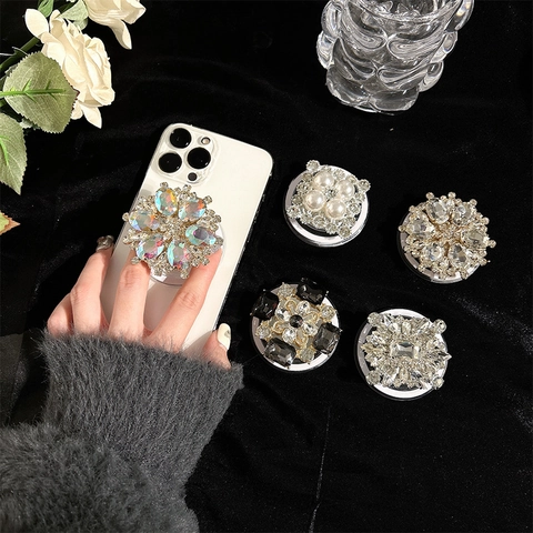 Magnetischer Handy Griptok Ständer Luxus Strass Künstliche Perle Künstlicher Kristall Ausziehbar Universeller Magnet Spiegel Halter