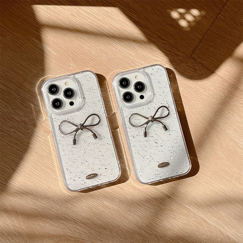 Funda De Teléfono Con Purpurina Y Lazo De Metal 3D Y Etiqueta Love Forever Transparente Brillante Lentejuelas