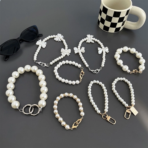 Elegante Künstliche Perlen Handy Kette Lanyard Handgelenkschlaufe Mit Schleife Anti-Verlust Mobiles Zubehör Legierung Schnalle Für Damen