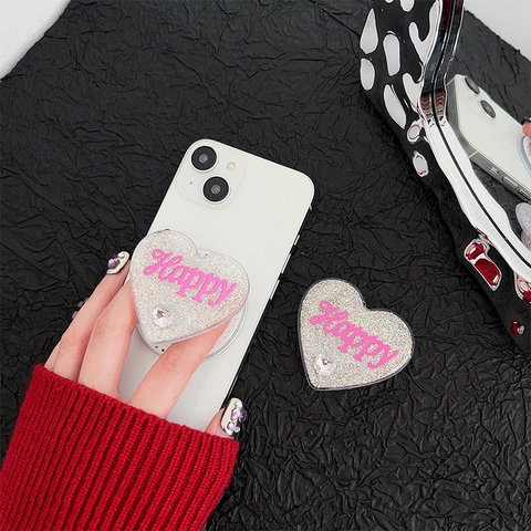 Hartvormige Telefoonhouder Glitter Hart Strass Uitschuifbare Telefoonstandaard Roze Happy Letters Bureau Accessoire