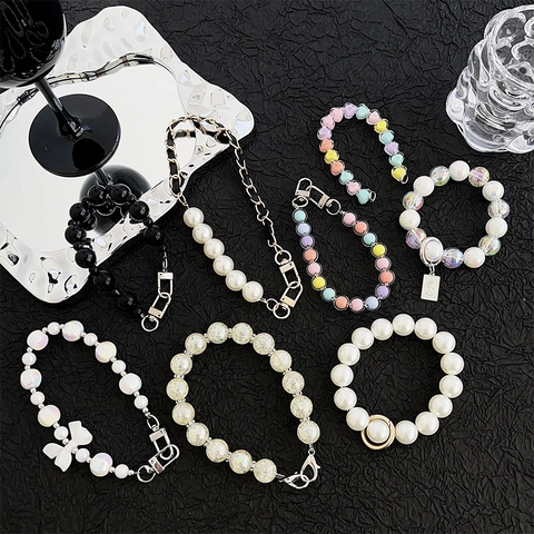 Phone Lanyard Wrist Strap Beaded Artificial Pearl Chain PVC Alloy Leather Bow Anti-Lost Handheld Ornament For Women Elegant