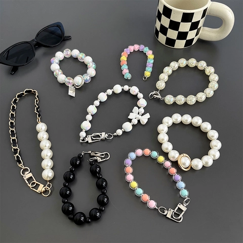 Phone Lanyard Wrist Strap Beaded Artificial Pearl Chain PVC Alloy Leather Bow Anti-Lost Handheld Ornament For Women Elegant