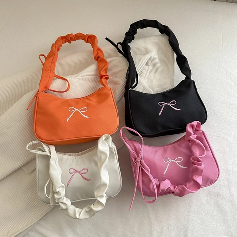 Women's Trendy Bow Embroidery Hobo Shoulder Bag With Ruched Strap Lightweight Polyester Underarm Bag For Daily Use