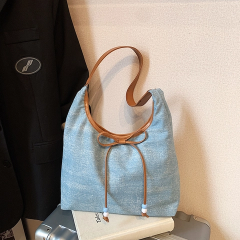Borsa da Sottobraccio alla Moda con Fiocco Donna Grande Capacità in PU Trama Denim Borsa a Spalla con Fiocco in Strass Retro Tote Bag Casual