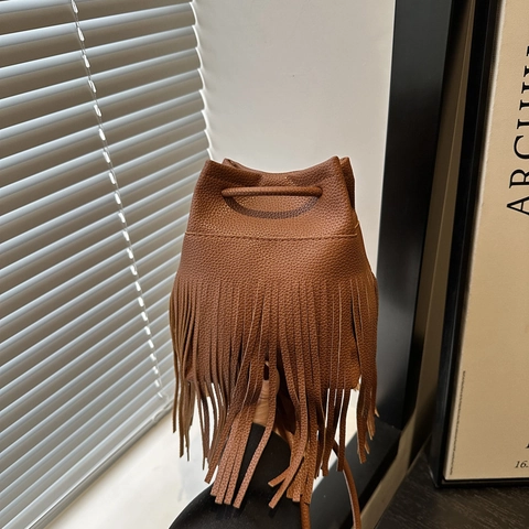 Damen PU Leder Lychee Muster Fransen Beuteltasche Kordelzug Umhängetasche Schultertasche Quasten Solid Farbe Retro Boho