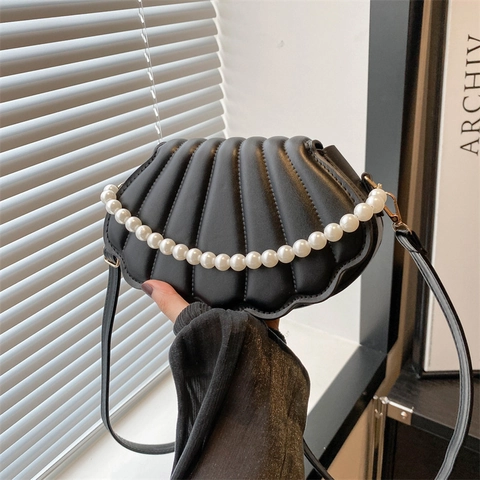 Borsa Tracolla Forma Conchiglia Donne Pelle PU Texture Pieghettata Catena Künstliche Perle Borsa Spalla Chiusura Magnetica Moda Tendenza