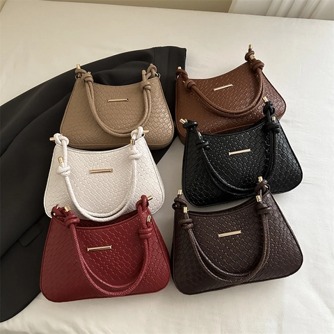 Women Underarm Shoulder Bag PU Leather Woven Texture Crocodile Pattern Gold Metal Bar Knot Strap French Retro Style