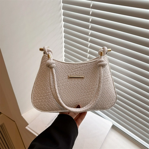 Women Underarm Shoulder Bag PU Leather Woven Texture Crocodile Pattern Gold Metal Bar Knot Strap French Retro Style