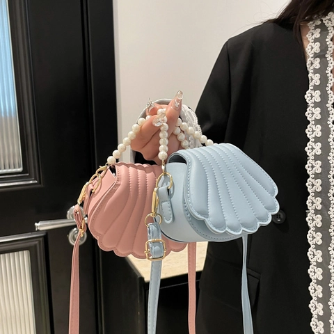 Trendy Shell Crossbody Bag For Women PU Leather Artificial Pearl Handle Mini Shoulder Purse Elegant Minimalist Detachable Strap