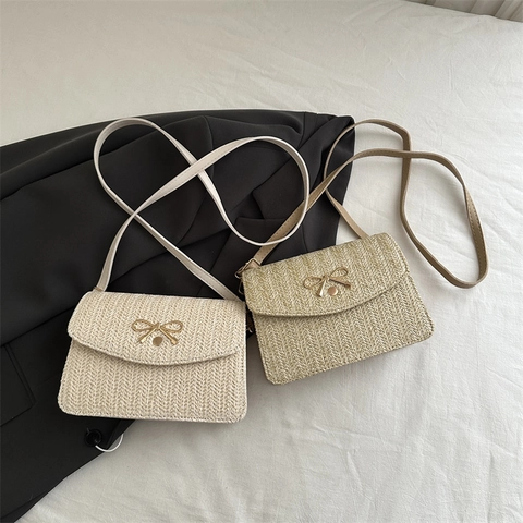 Women's Elegant Straw Woven Crossbody Bag Small Square Shoulder Bag With Metal Bow Pearl Decoration Fashion Korean Style Handbag