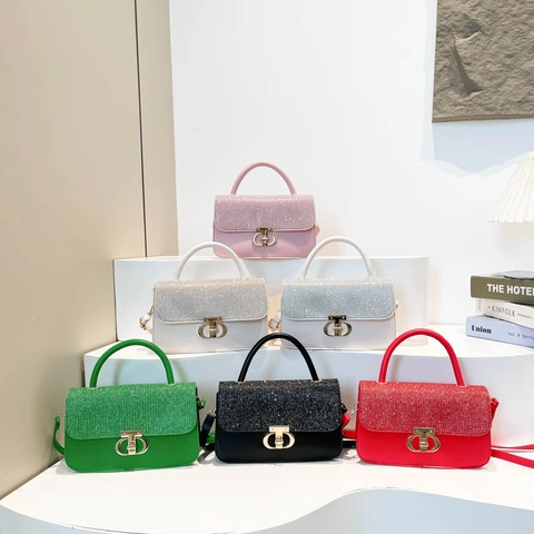 Handbag Crossbody Shoulder Bag PU Leather Glitter Sequins Metal Circular Handle Lock Closure Elegant Fashion Women Purse