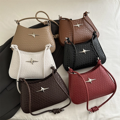 Dames Koreaanse Casual PU Lederen Okseltas Krokodillenpatroon Schoudertas Geknoopte Riem Zilveren Ster Metalen Decor Handtas