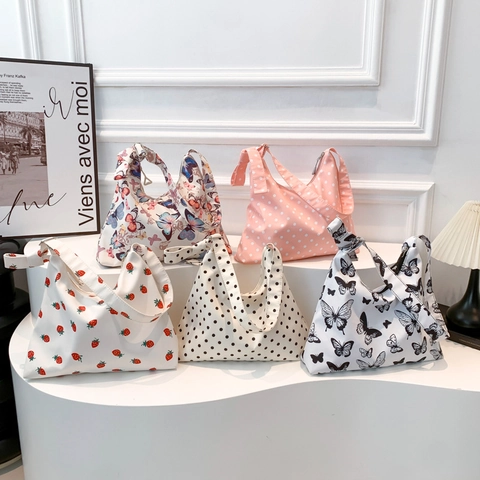 Sac à Épaule En Toile Pour Femmes Imprimé Papillon Pois Fraise Grande Capacité Sac Hobo Loisirs Avec Bandoulière Réglable