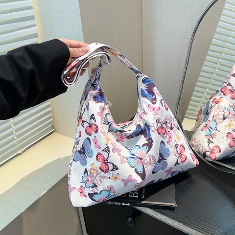Sac à Épaule En Toile Pour Femmes Imprimé Papillon Pois Fraise Grande Capacité Sac Hobo Loisirs Avec Bandoulière Réglable