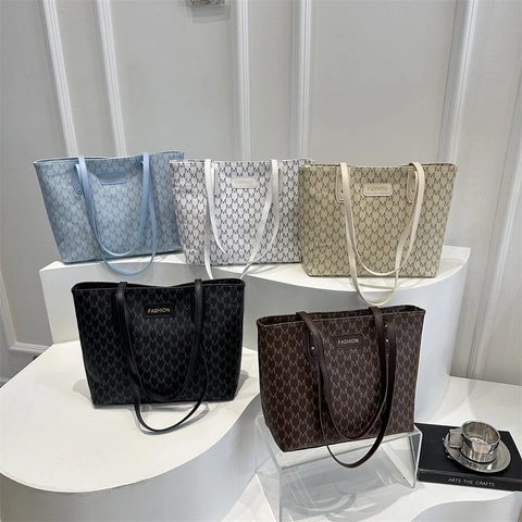 Grand Sac Cabas Cuir PU Imprime Monogramme Lettre M Mode Commuter Sac A Main Epaule Pour Femmes Style Versatile