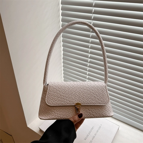 Französische Minimalistische Gewebte Textur PU Leder Baguette Unterarmtasche Für Frauen Mit Goldener Metallschnalle Vintage Schultertasche