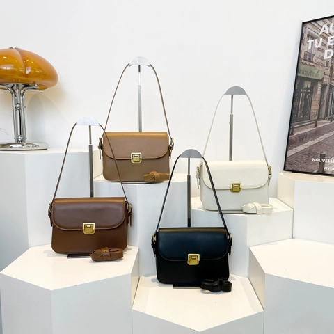 Damen Minimalistische PU Leder Umhängetasche Mode Quadratische Schultertasche Retro Metall Druckschloss Lässige Handtasche