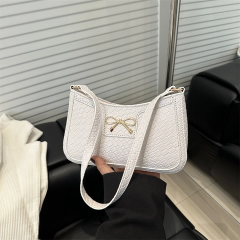 Borsa da Sottobraccio in Pelle PU Minimalista Donna Moda Intrecciata Effetto Coccodrillo Borsa a Spalla Con Fiocco Dorato Elegante Borsa