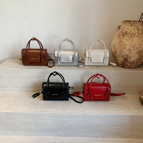 Women Mini Square Bag Glossy PU Leather Handbag With Handle And Shoulder Strap Solid Color Flap Crossbody Bag Fashion