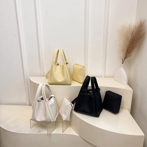 Sac Seau Minimaliste Et Pochette Motif Lychee Cuir PU Double Poignée Mode Sac À Main Bandoulière Pour Femme