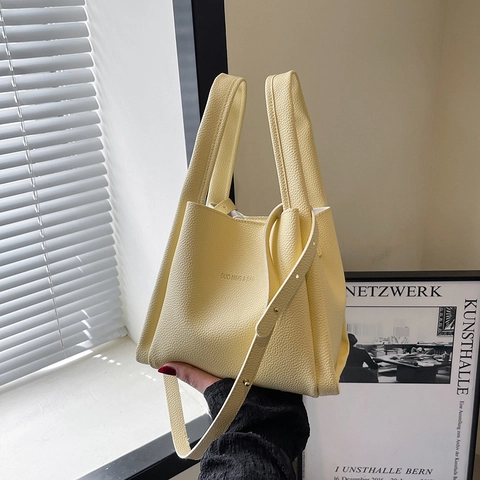 Sac Seau Minimaliste Et Pochette Motif Lychee Cuir PU Double Poignée Mode Sac À Main Bandoulière Pour Femme