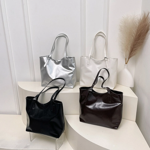 Women's Glossy PU Leather Large Capacity Tote Bag Korean Minimalist Solid Color Shoulder Bag Adjustable Strap Commuter Handbag