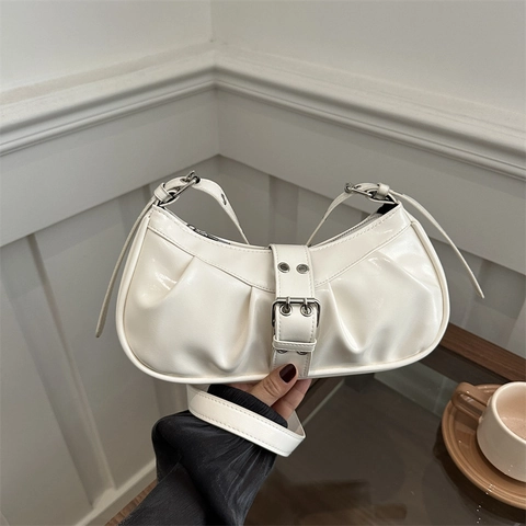 Bolso de Hombro de Cuero PU con Pliegues Vintage para Mujer Bolso de Sillín de Color Sólido Bolso de Axila con Hebilla de Metal