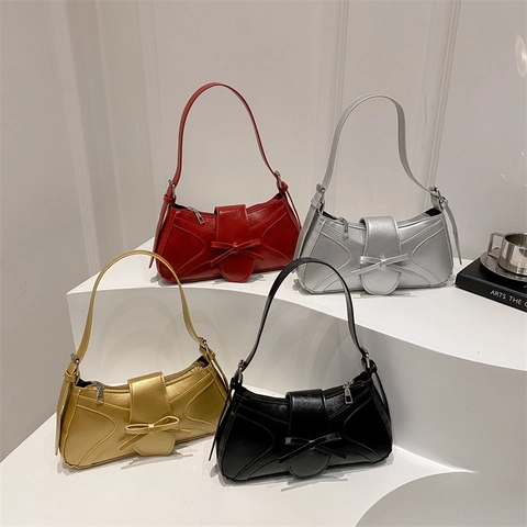 Borsa Sottobraccio Con Fiocco Dolce Pelle PU Vintage Rettangolare Borsa A Spalla Chiusura Lampo Stile Minimalista Tendenza Donna