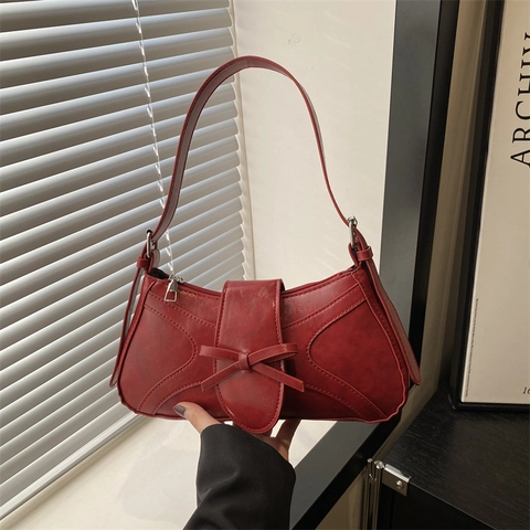 Bolso de Axila de Cuero PU para Mujer con Lazo Color Sólido Retro Gran Capacidad Bolso de Hombro Chic Bolso de Mano de Viaje