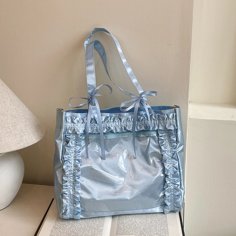 Women Ruffle Nylon Tote Bag Large Capacity Ita Bag Clear PVC Window Bow Decor Elegant Shoulder Bag Daily Travel Shopping