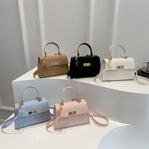Minimalist PU Leather Wrinkle Texture Small Square Bag Commuter Shoulder Bag With Golden Twist Lock Top Handle Crossbody Bag