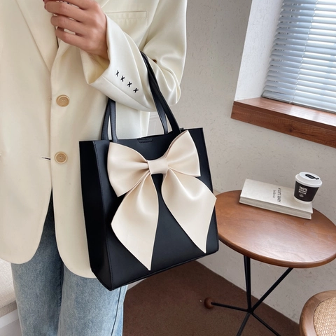 Borsa A Mano Da Donna Elegante Borsa Tote Pelle PU Grande Decorazione Con Fiocco Colore A Contrasto Moda