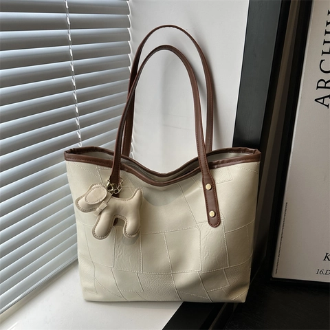 Bolso Tote Para Mujer De Cuero PU Patchwork Color Contrastado Con Charm De Perro Bolso De Hombro Oficina Diario