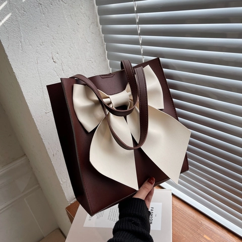 Borsa A Mano Da Donna Elegante Borsa Tote Pelle PU Grande Decorazione Con Fiocco Colore A Contrasto Moda