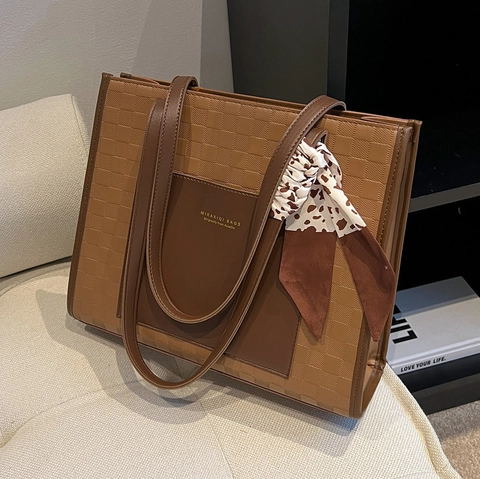 Women Large Capacity Square Tote Bag PU Leather Textured Checkerboard Pattern With Satin Scarf For Work Commute Style