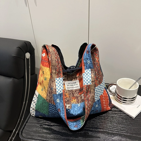 Grand Sac À Main Bandoulière Femmes Denim Toile Patchwork Style Ethnique Bohème Décontracté Léger