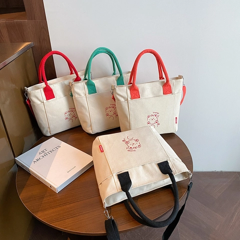 Petit Sac Seau en Toile Décontracté pour Femmes Couleur Contrastée Ours de Dessin Animé Sac à Main Bandoulière Tote pour Navette Quotidienne