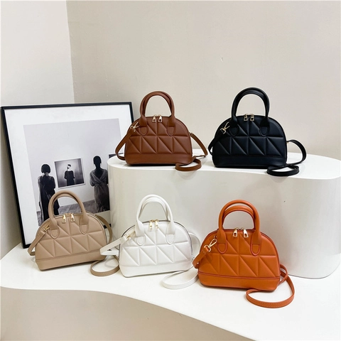 Women Geometric Triangle Quilted Shell Handbag PU Leather Dome Shoulder Crossbody Bag Removable Strap Gold Hardware