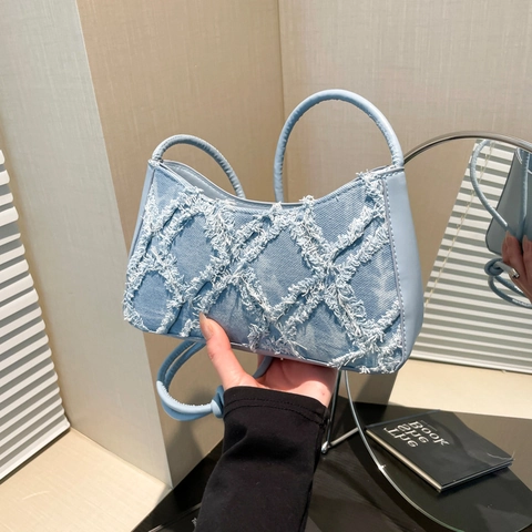 Borsa Sottoascellare da Donna Trama Denim Sfrangiata Trapuntata a Losanghe Borsa a Spalla in Pelle PU Borsa Casual da Pendolare